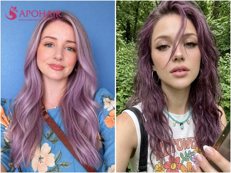 Two women with lavender hair, one in soft lilac waves and one in dusty mauve-purple waves, on fair cool skin tones