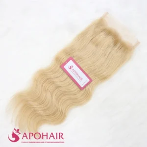 Natural wavy closure 5x5 in light blonde Vietnamese human hair with a soft wave, laid flat with the APOHAIR tag