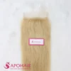 Close-up of a light blonde natural wavy closure 5x5 showing the lace base, the knots and the gentle wave below