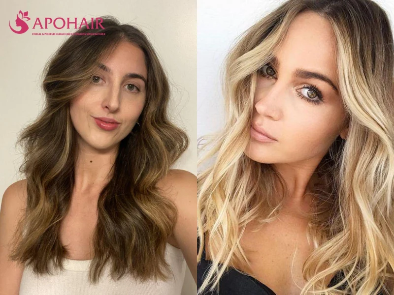 Two women with long loose waves, the front sections bending away from the face at the cheekbones