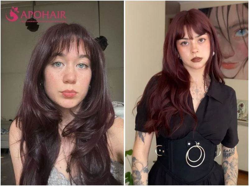 Two women with mahogany hair, a red-brown shade with a violet sheen, one with bangs, on fair skin