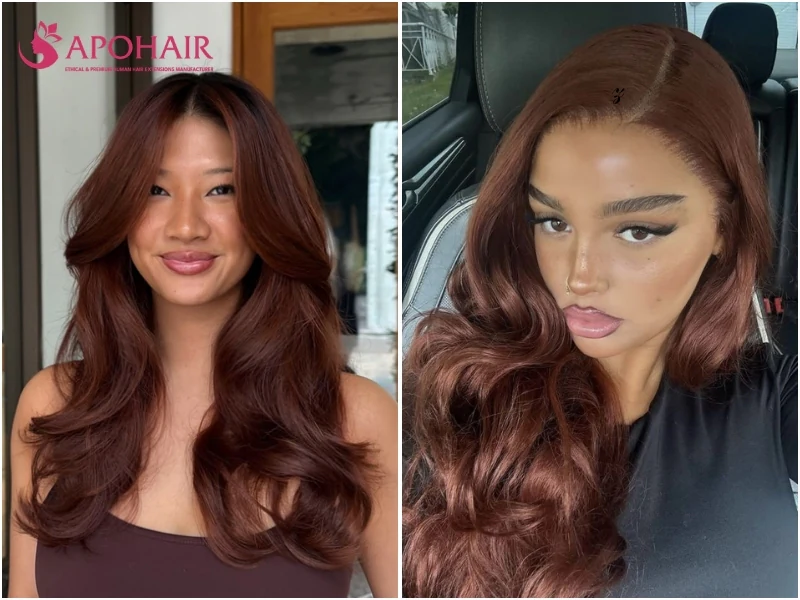 Two women with mahogany hair, a deep red-brown in long waves and soft layers, on medium warm skin tones