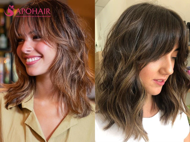 Two women with mid-length shags and thin feathered layers that keep the shape light on a small face
