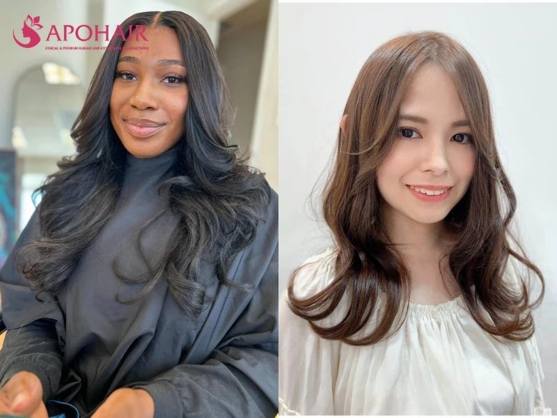Two women with a center part and long hair whose ends curl outward away from the face