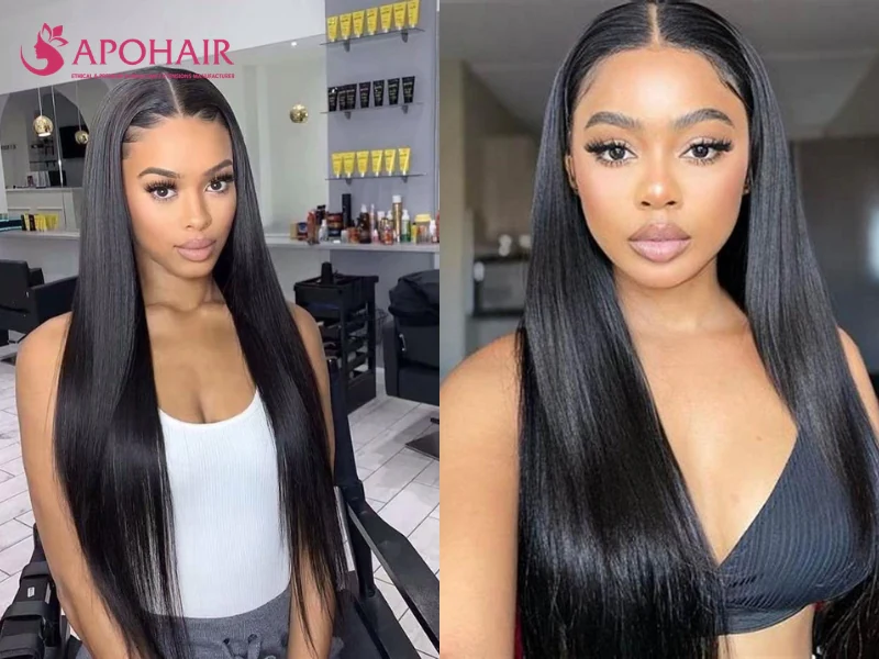 Two women with long sleek hair, a middle part and flat roots that keep the hair mass in scale with a small face