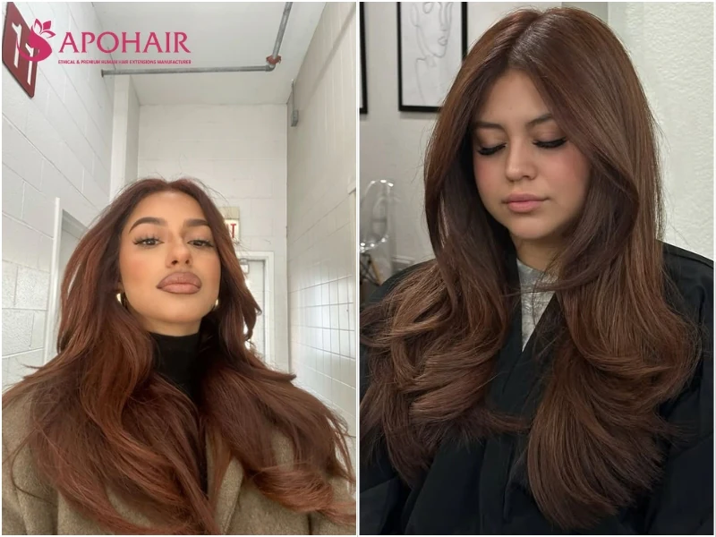 Two women with long layered mocha brown hair carrying a warm reddish glow, on medium warm skin tones