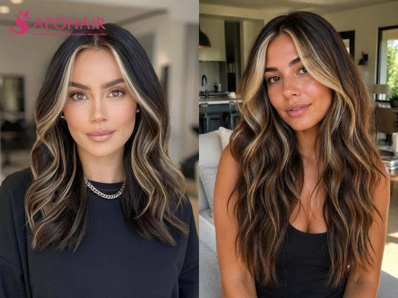 Two women with dark hair and bright blonde money piece highlights lightening the sections beside the parting