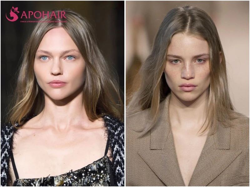 Two models with straight mushroom brown hair in a muted ash-gray tone, set against cool skin tones with light eyes