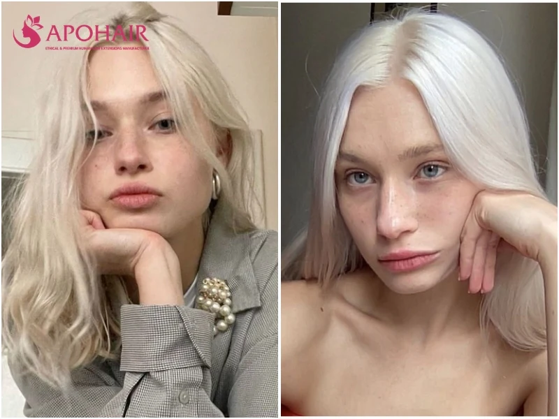 Two women with pale pearl blonde hair, one in soft waves and one sleek, on fair cool skin tones with light eyes