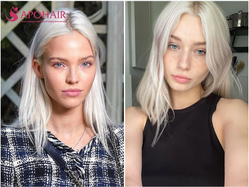 Two women with platinum blonde hair, one long and straight and one in a lob, against fair cool skin tones