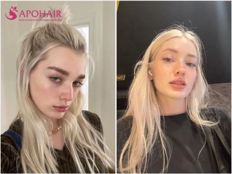 Two women with long platinum blonde hair against fair skin, one with a spiky half-up top and one with a center part