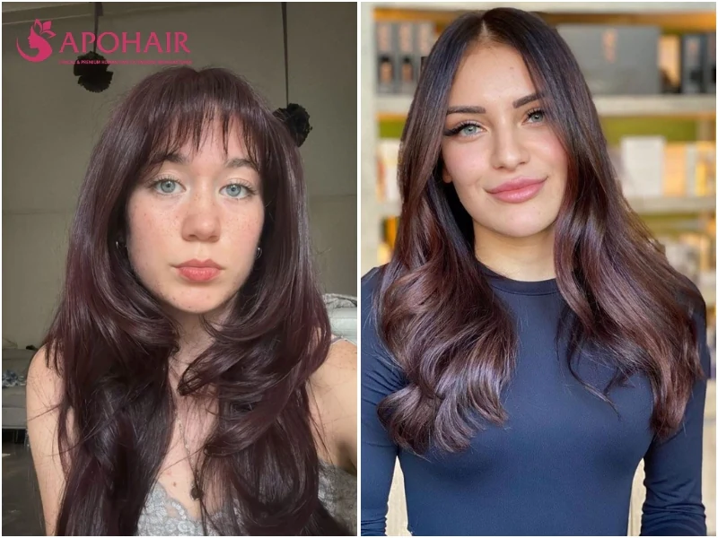 Two women with plum brown hair, one with wispy bangs and layers and one with soft curled ends, on cool skin tones