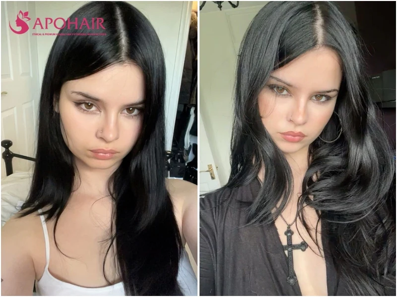 Two women with glossy raven black hair, one straight and one in loose waves, with a faint blue sheen on cool skin tones