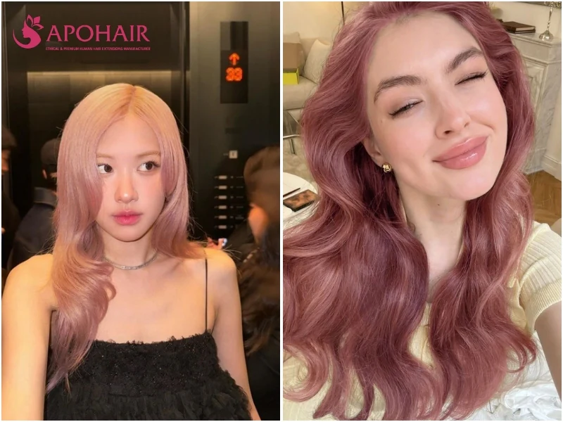 Two women with rose pink hair, one in a soft peachy pink and one in dusty mauve-pink waves, on fair cool skin tones