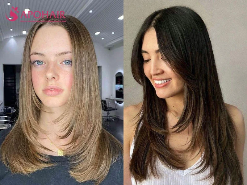 Two women with long straight hair and face-framing layers stepping down from the cheekbone toward the chin