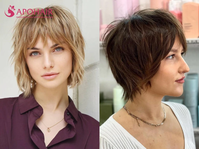Two women with short shags and wispy feathered ends that keep the hair light around a small face