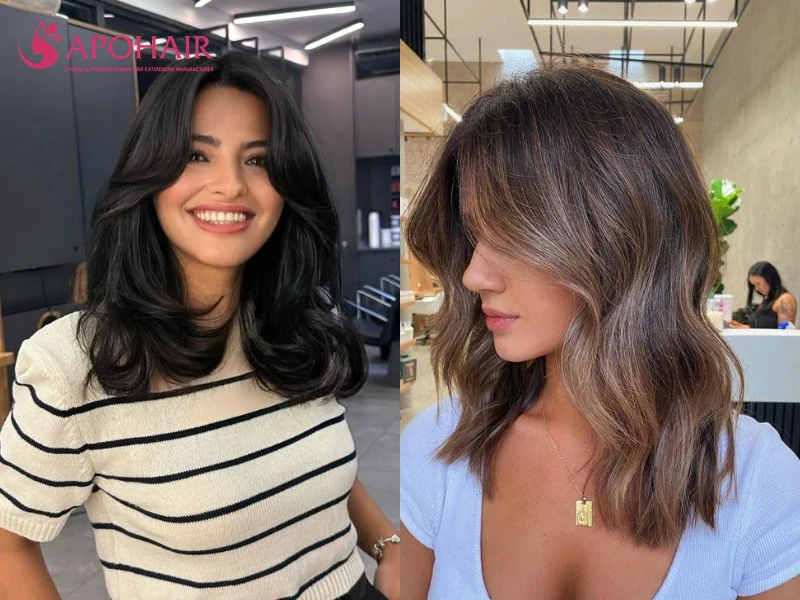 Two women with shoulder-length hair and long curtain bangs that give a small face a soft upper frame