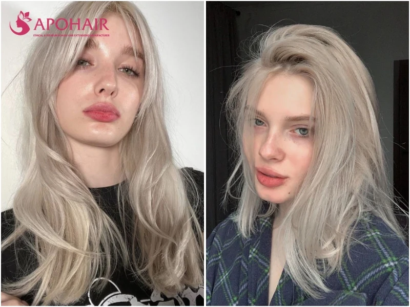 Two women with silvery ash blonde hair, one with curtain bangs and long layers and one in a tousled cut, on cool skin tones