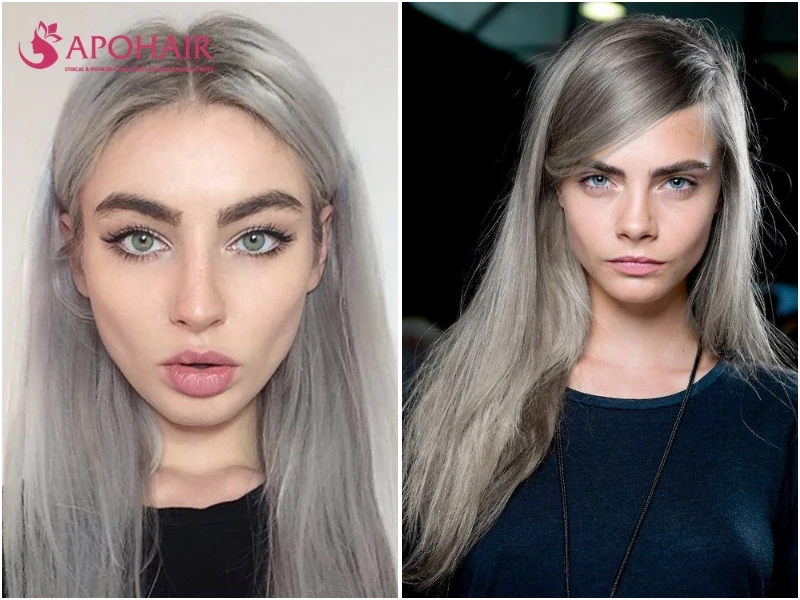 Two women with long straight silver gray hair, one with a center part and one with a side-swept fringe, on cool skin tones