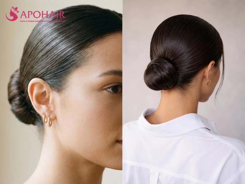 Two views of a sleek low bun with the hairline exposed, a style that shows the features of a small face
