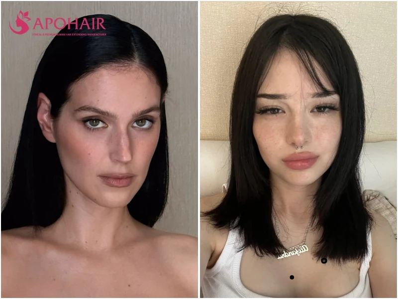 Two women with soft black hair, one sleek and straight and one in a shoulder-length cut with bangs, on cool skin tones