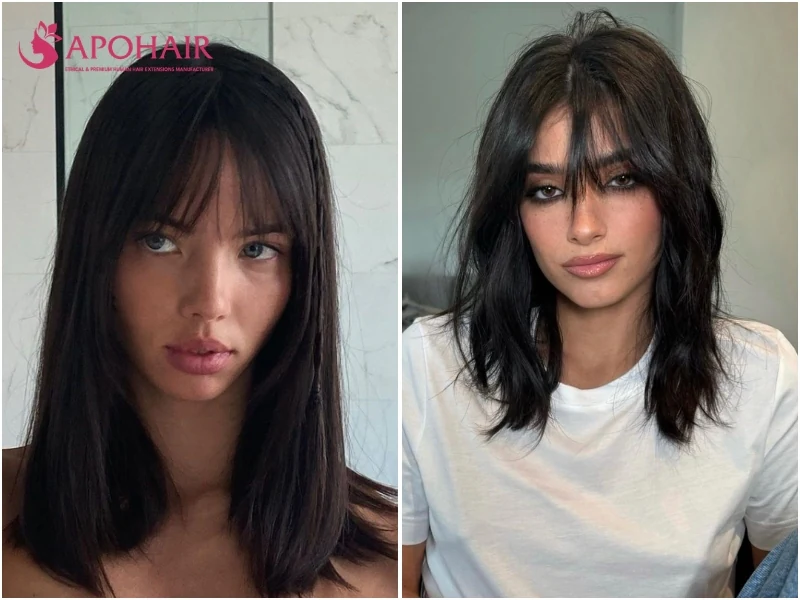 Two women with soft black hair and bangs, one in a straight cut and one in a shag, on warm skin tones