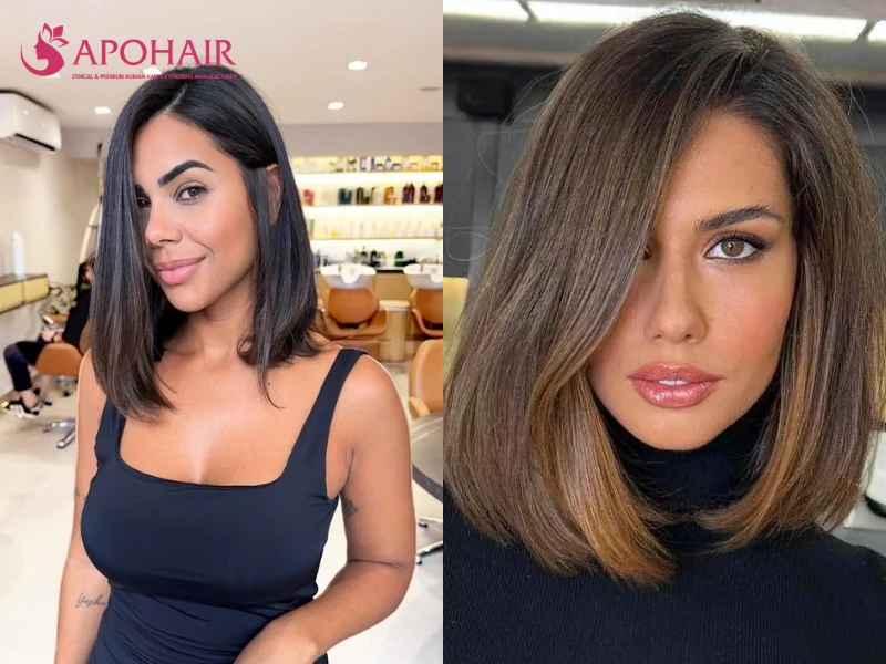 Two women with straight shoulder lobs and deep side parts that keep the outline narrow on a small face
