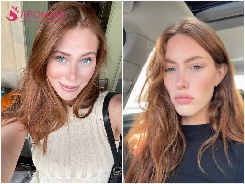 Two women with strawberry blonde hair in a soft copper-gold tone, one with a side part, on fair skin
