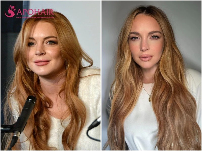 Lindsay Lohan and another woman with long strawberry blonde waves in a copper-gold tint, on fair warm skin