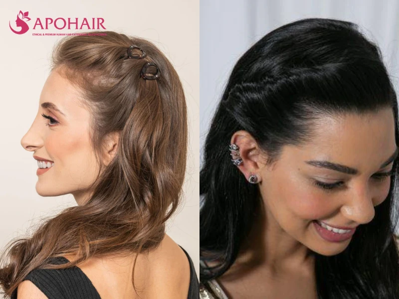Two women with the front sections twisted away from the face and pinned back behind the ears