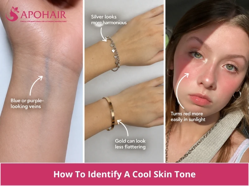 Three cool skin tone checks: blue veins on a wrist, silver and gold bracelets on two hands, and pink cheeks in sunlight