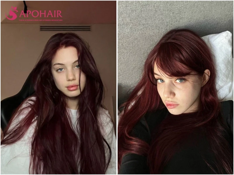Two women with long violet auburn hair, a red-brown shade leaning purple, one with side-swept bangs, on cool skin tones