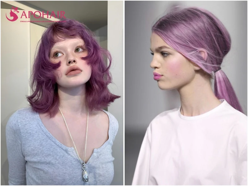 Two women with purple hair, one in a deep violet shaggy bob with bangs and one in a lilac low ponytail, on cool skin tones