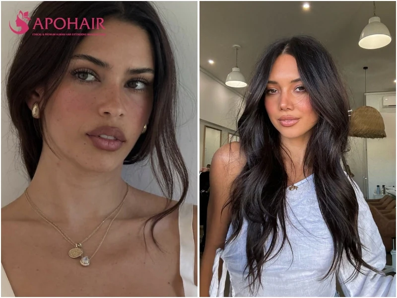 Two women with warm black hair, one in a loose updo and one with long layers, on warm skin tones
