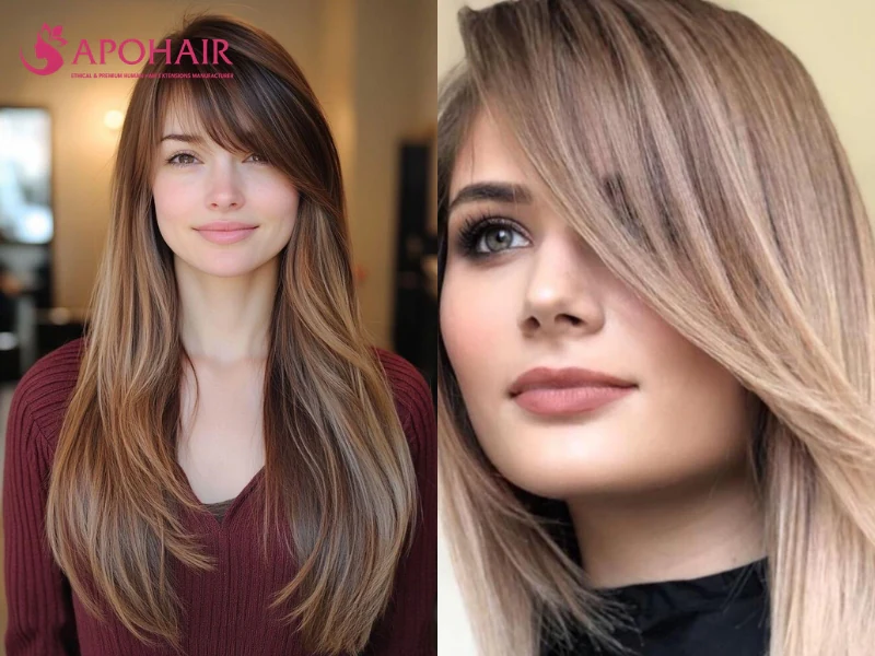 Two women with long straight hair and a wispy side-swept fringe falling diagonally across the forehead